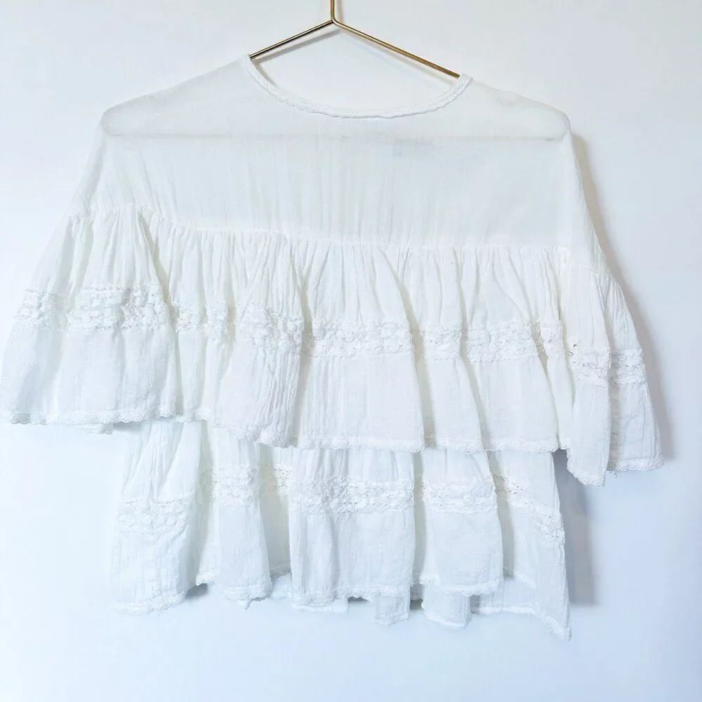 Kimberly Greene White Ruffle Tiered Short Sleeve Crochet Detail XS